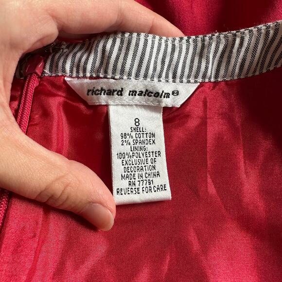 Richard Malcolm Red Cotton Dress Size 8 Embellished Floral Stripe Hem Mod Preppy - Picture 2 of 9